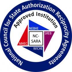 Round logo displaying a blue circle with a 4 colored square in the center. The words on the logo spell out: National Council for State Authorization Reciprocity Agreements approved Institution. In the center are the words: NC-SARA